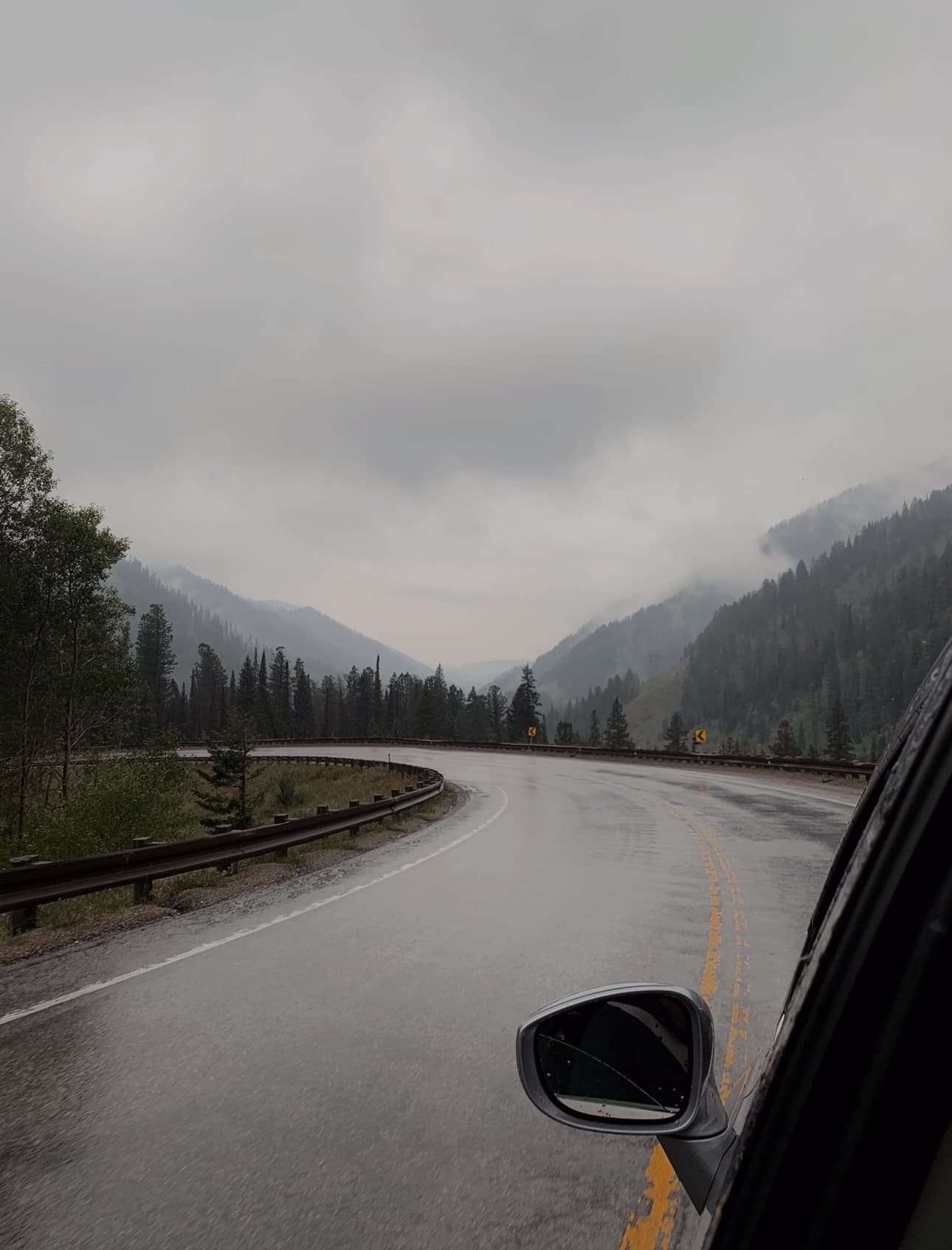 A wet mountain road curving through pine forest under low grey cloud, the wing mirror in frame